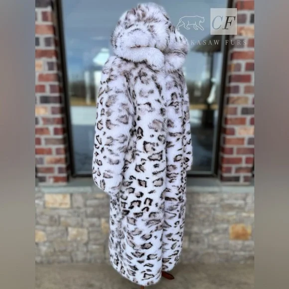 48 Unisex Floor Length Snow Leopard Dyed Fox Fur Coat Real FOX Fur - Picture 10 of 14